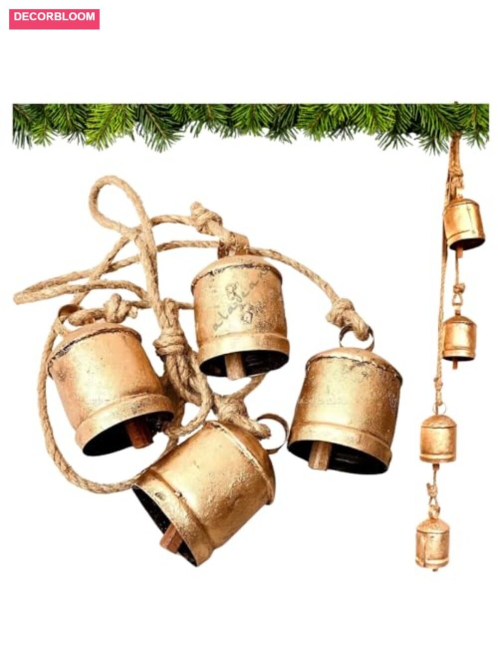 Rustic Decorative Cow Bells 4-Bell Cluster Jute Rope Hanging Farmhouse